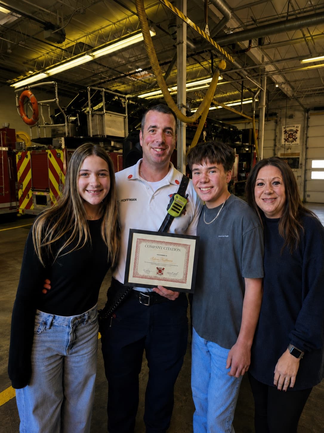Brian Hoffman with his family at the firehouse after receiving a company citation