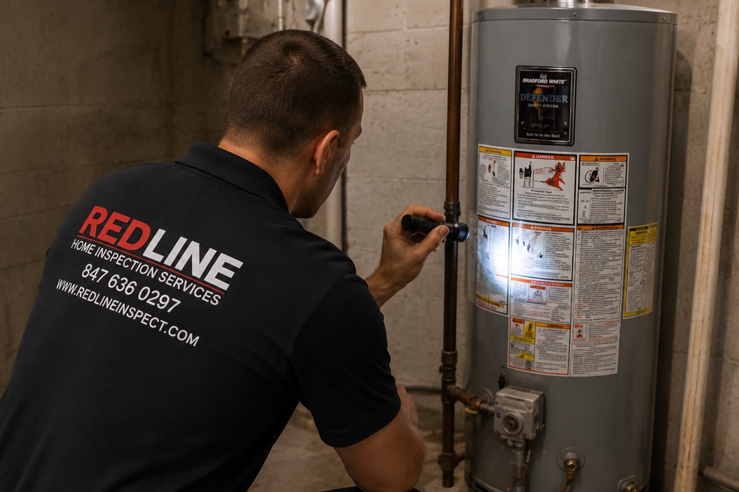Home inspector examining a basement water heater